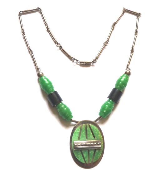 Deco green galalith chrome necklace