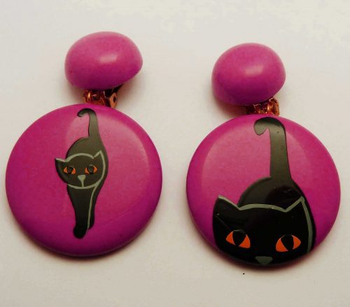 Pavone black cats on pink clip earrings