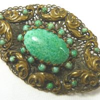 Czech filigree brooch green stone