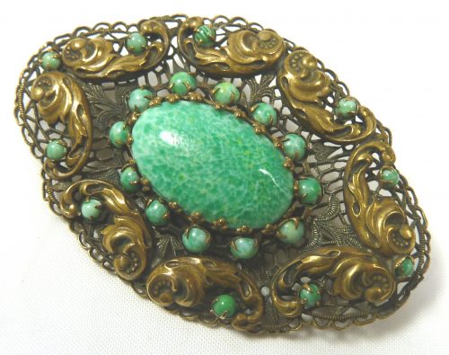 Czech filigree brooch green stone