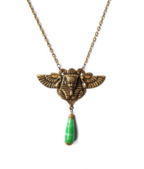 pharoah head and green drop vintage necklace