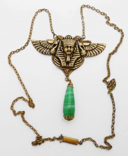 Pharoah head and green drop vintage necklace