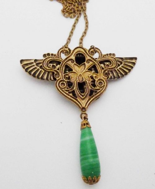 Pharoah head and green drop vintage pendant back