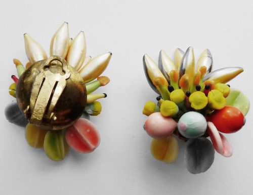 glass flowers, fruits, leaves vintage clip earrings