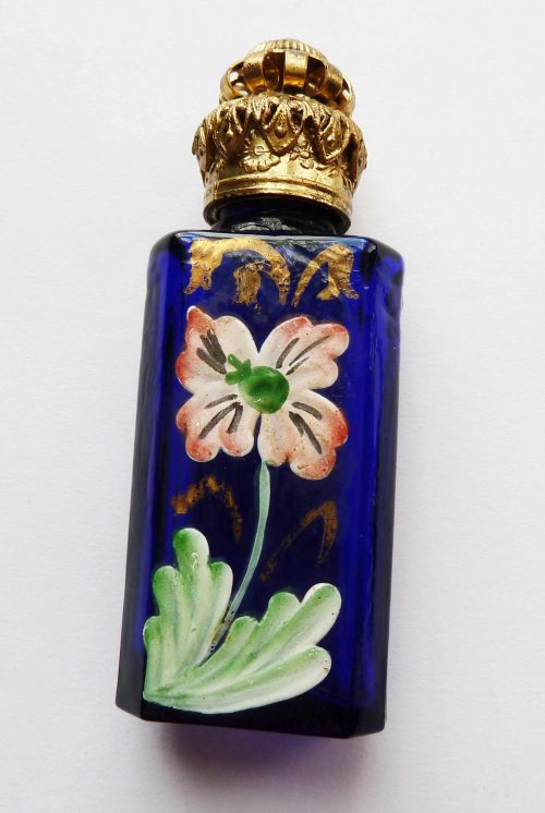 blue glass vintage painted flower scent bottle