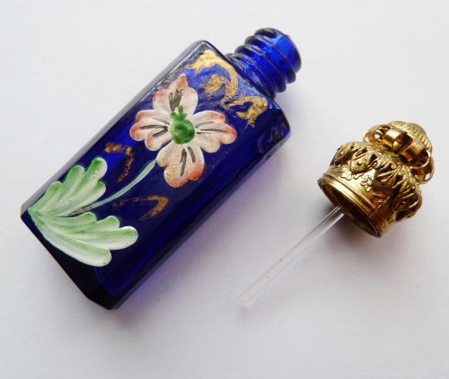 blue glass painted flower scent bottle