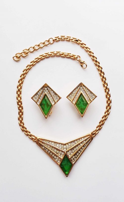 gold tone green stones Austrian set 3