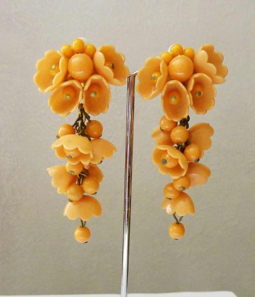 orange flower dangley clip earrings