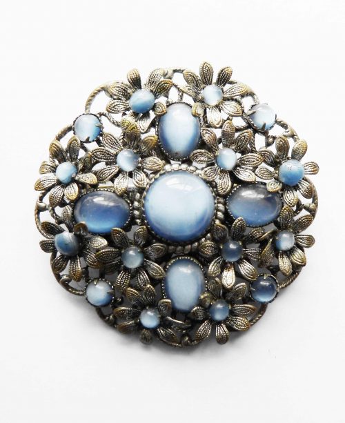 Czech filigree blue satin glass brooch