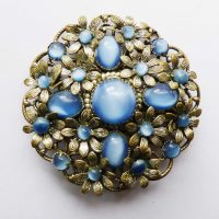 Czech filigree blue satin glass brooch