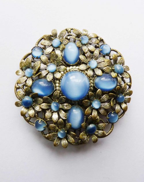 Czech filigree blue satin glass brooch