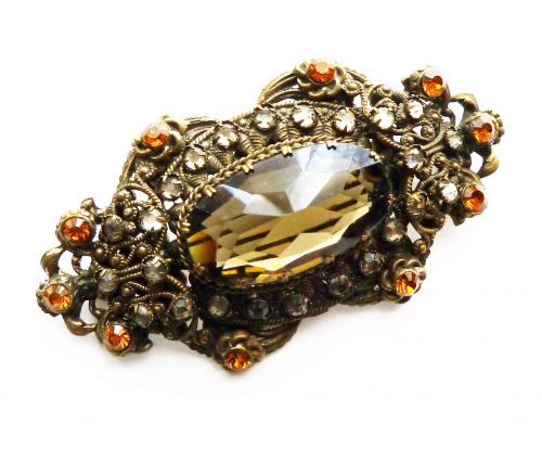 Czech large brown stone filigree brooch