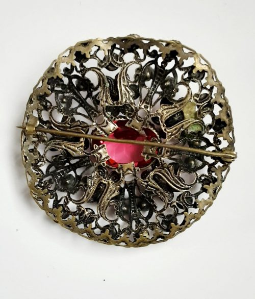 pink stone Czech filigree vintage brooch back