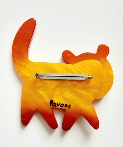 Pavone tail up yellow orange cat brooch back