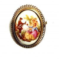 Limoges Fragonard courting couple brooch