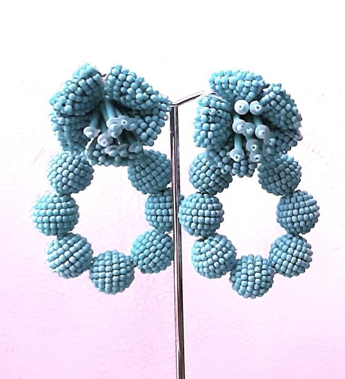 blue beads hoop earrings with floral tops