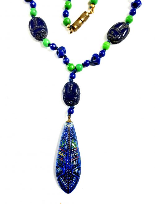 Egyptian Revival blue Czech beads necklace